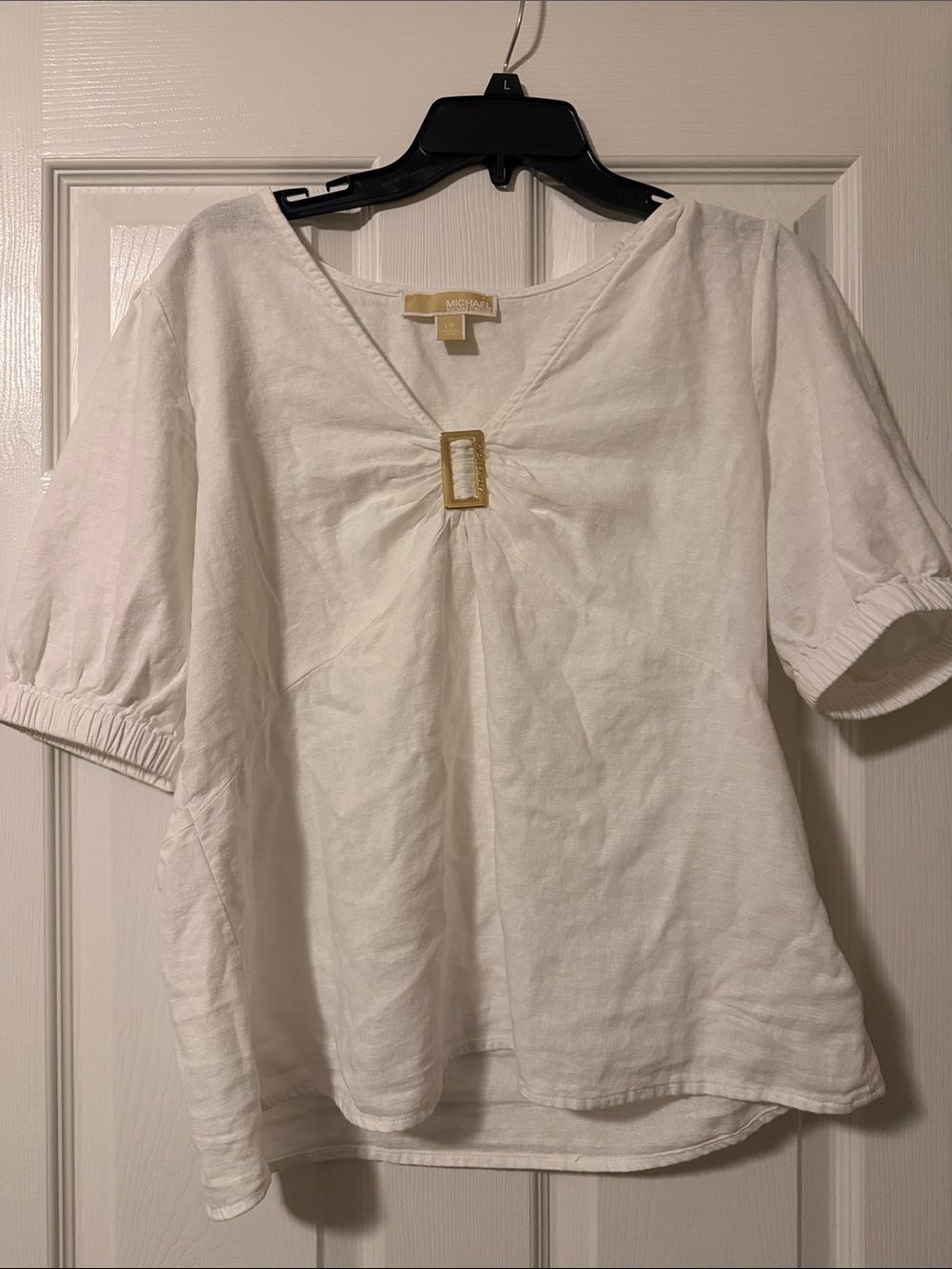 Michael Kors White Linen V-Neck Top with Gold Buckle Accent